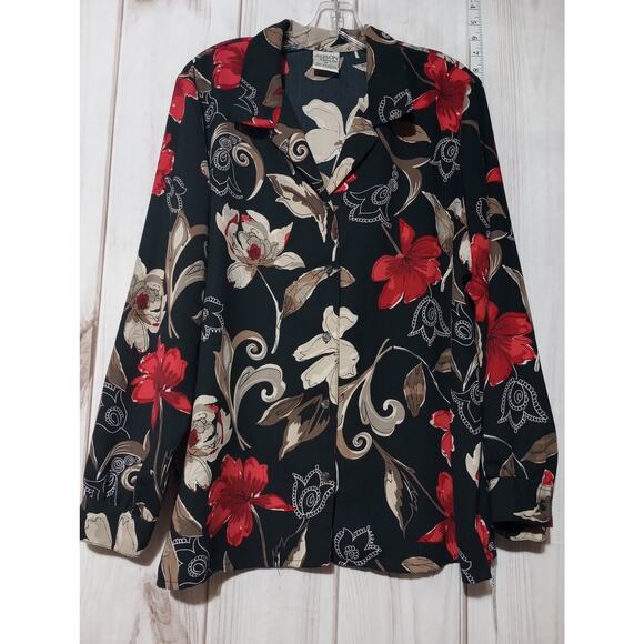 Allison Daley Shirt Womens‎ 16 Black Red Floral Button Up Long Sleeve Blouse Top - Picture 1 of 7